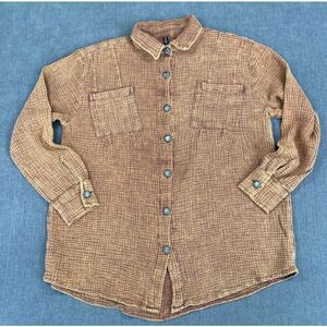 Western Button Down Shirt Women S M Brown Boho Oversized Concho Shacket Gauze